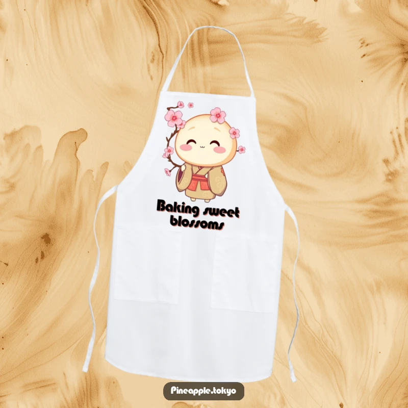 Funny round dorayaki in a ceremonial kimono offering a blooming cherry blossom, a charming funny apron.