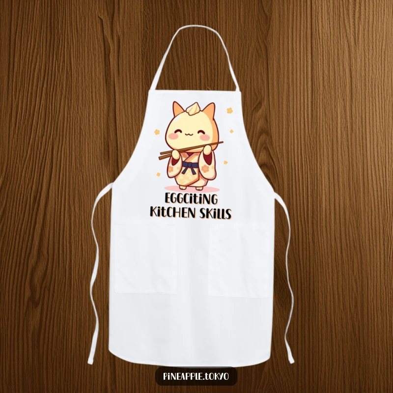 Funny Tamagoyaki Kimono Apron: a cute Japanese rolled omelet character in a kimono playfully balancing chopsticks, ready to cook.