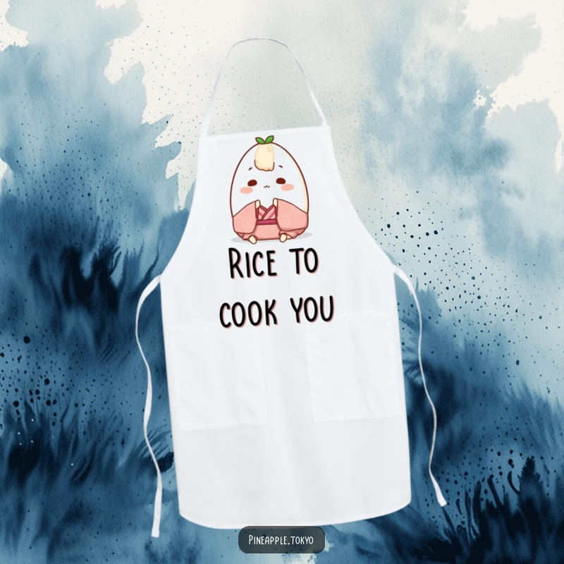 Funny Onigiri Kimono Apron: Chubby Japanese rice ball in a tiny kimono, bowing politely while cooking, a funny gift.