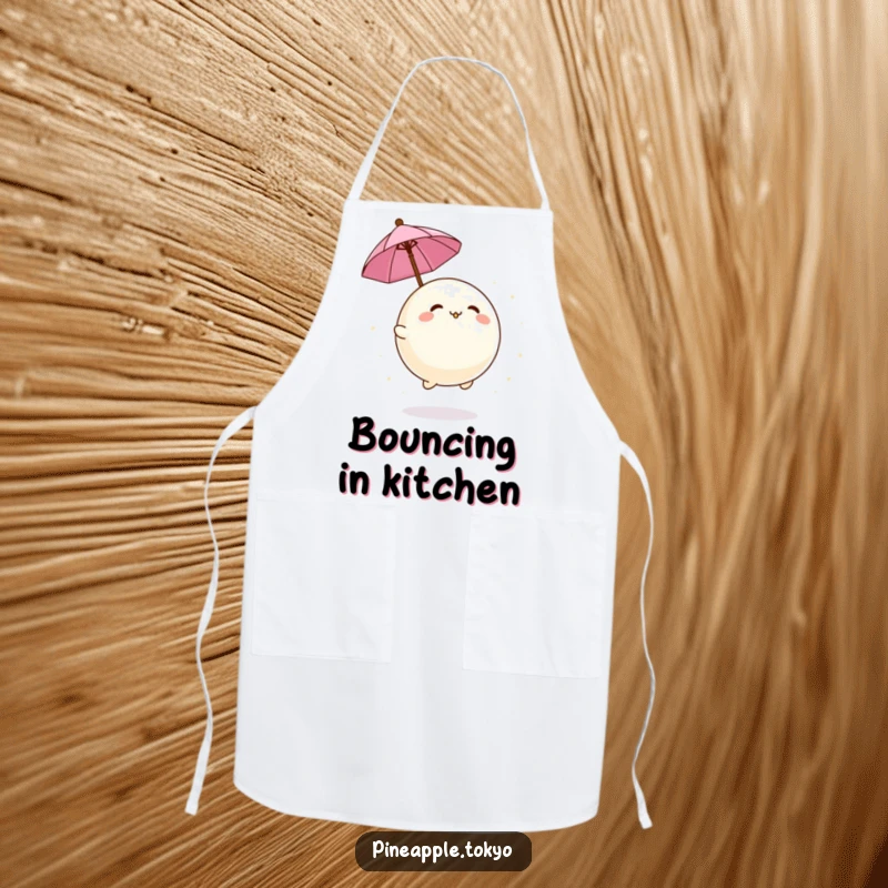 Funny adorable mochi ball bouncing playfully with a tiny umbrella on a humorous and practical kitchen apron.