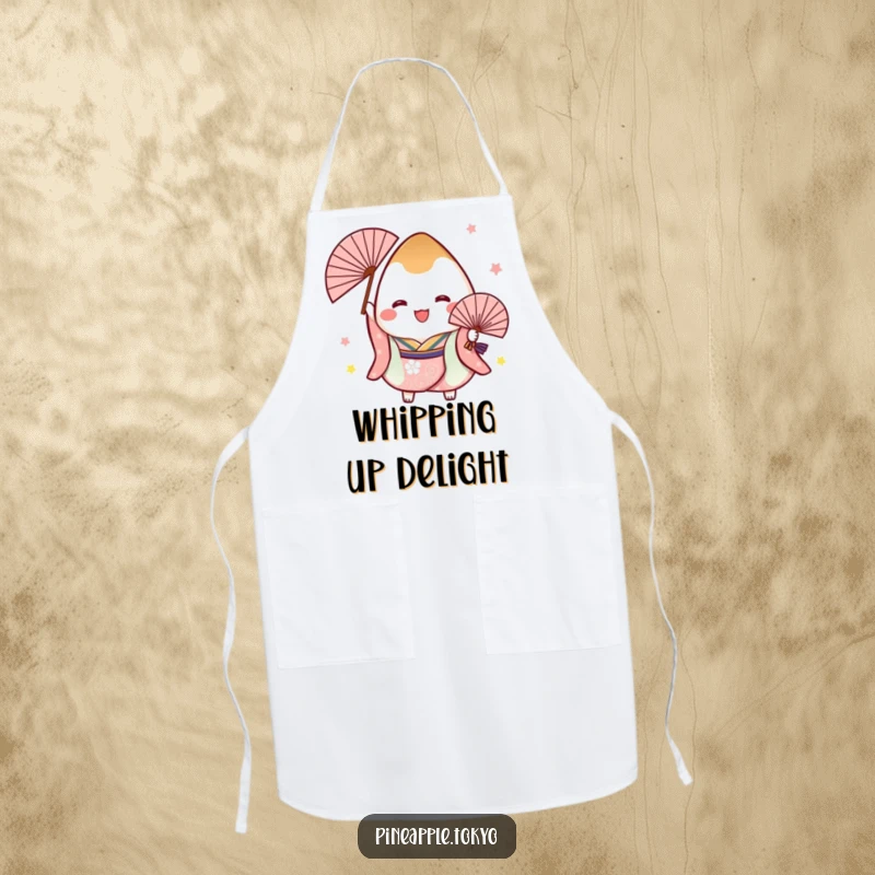 Funny cooking apron showing a cheerful onigiri in a festive kimono holding a fan, perfect for Japanese cuisine enthusiasts and celebrations.