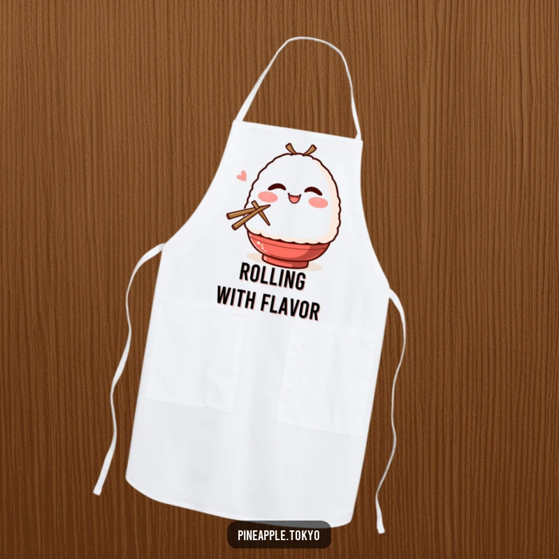 Funny onigiri character with blush, winking, and holding chopsticks on a humorous and practical kitchen apron.