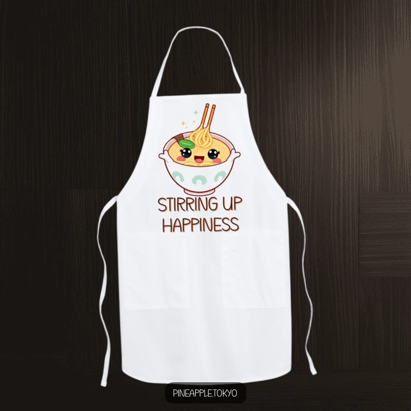 Funny happy-eyed ramen bowl gesturing enthusiastically on a humorous and practical kitchen apron. Foodie attire.