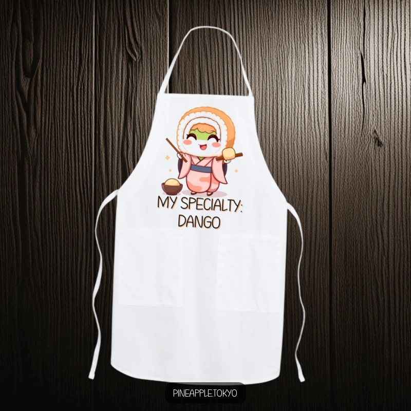 Funny cooking apron showing a smiling sushi roll in a small kimono gracefully serving dango, perfect for Japanese cuisine enthusiasts.