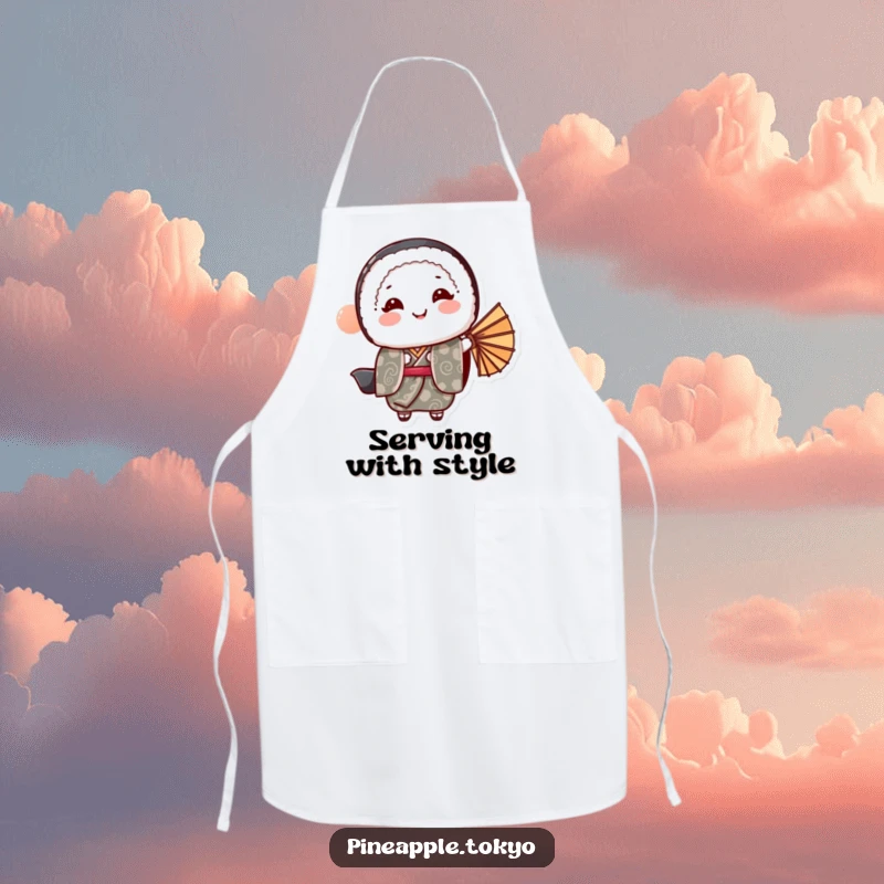 Funny sushi roll in a patterned kimono bowing gracefully, holding a fan, for a funny apron.