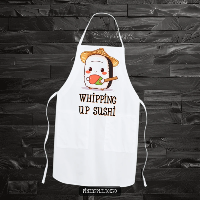 Funny kawaii sushi in a small straw hat, holding a tiny rice paddle, on a humorous and practical kitchen apron.