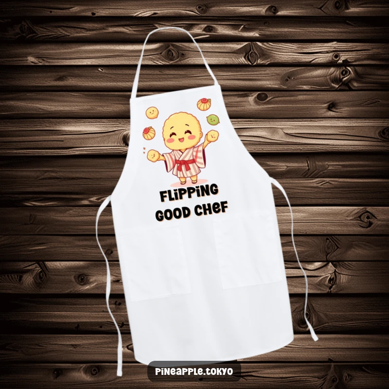 Funny cheerful tempura in a striped kimono juggling colorful dumplings, a fun funny apron.