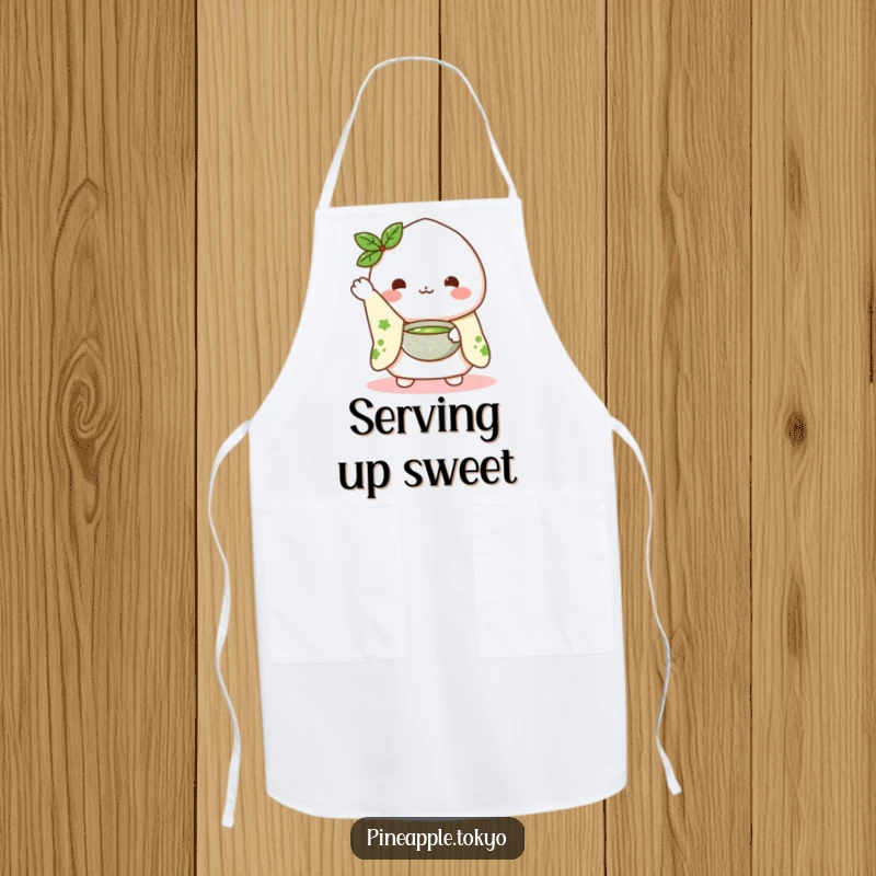 Funny Mochi Matcha Apron: a cute mochi character in a kimono sleeve waving hello while presenting a matcha bowl, prepping food.