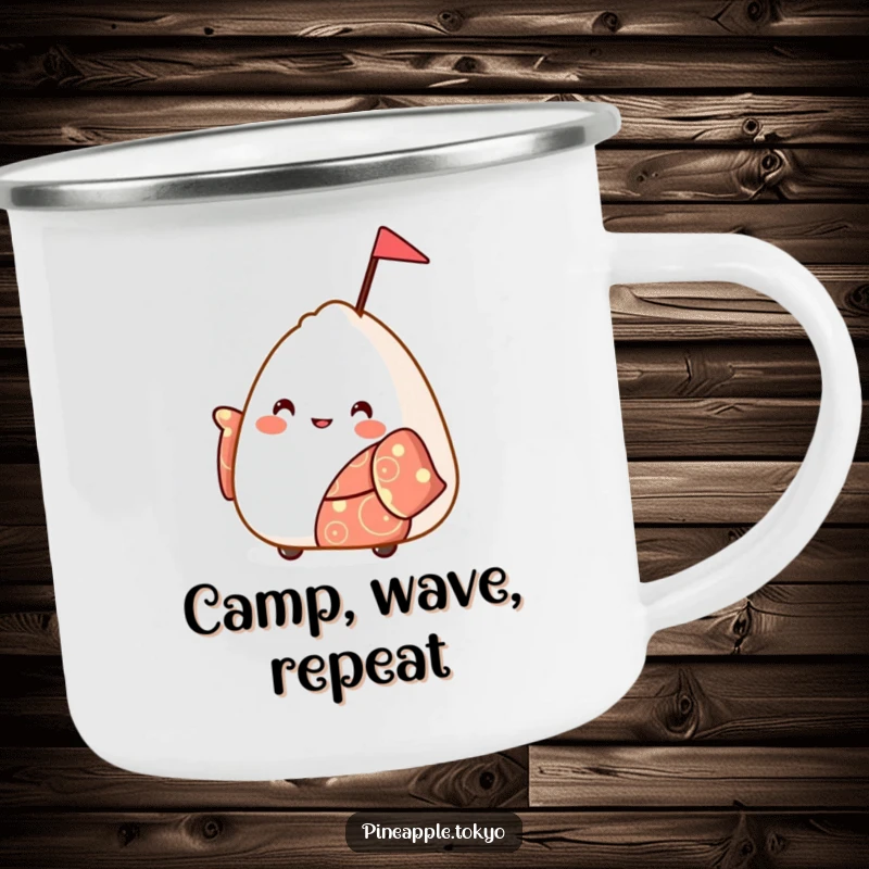 Funny bouncy onigiri wearing a festive kimono, waving a small flag, on a sturdy camping mug.
