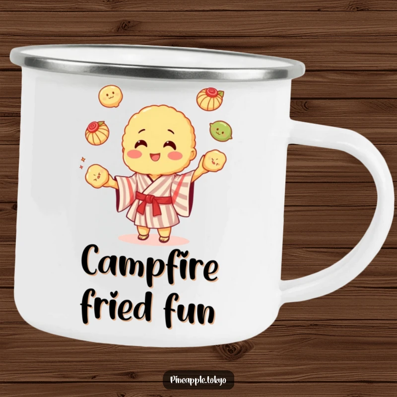 Funny cheerful tempura wearing a striped kimono, juggling dumplings, on a sturdy camping mug.