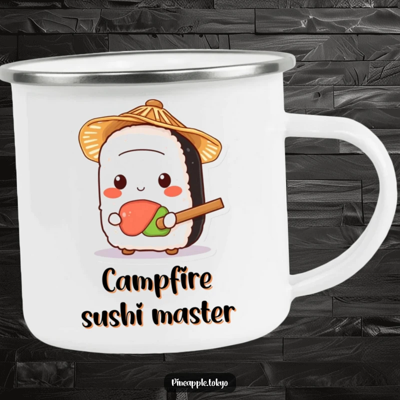 Funny adorable sushi with a straw hat and rice paddle on a rugged camping mug. Humorous and portable.