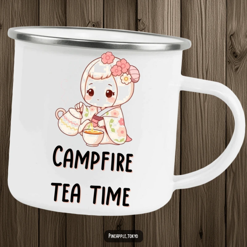Funny sweet mochi wearing a floral kimono, pouring tea, on a durable camping mug.