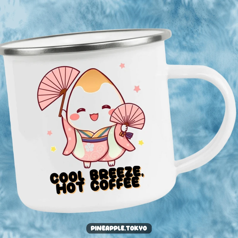Funny enamel camping mug featuring a cheerful onigiri in a festive kimono holding a fan, perfect for outdoor Japanese celebrations.