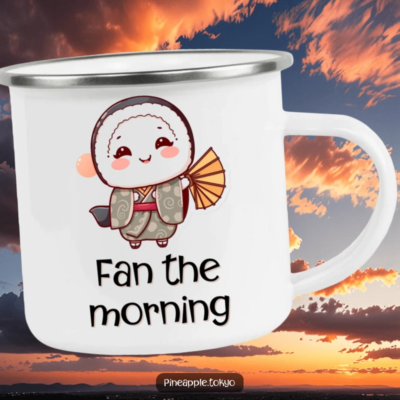 Funny sushi roll in a patterned kimono bowing gracefully, holding a fan, on a durable camping mug.