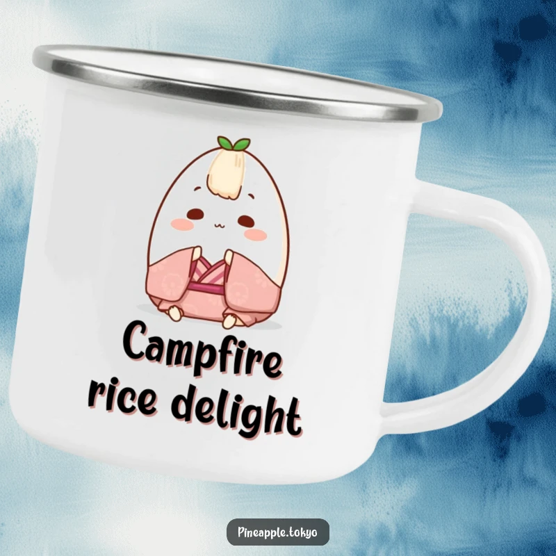 Funny Onigiri Kimono Camping Mug: Chubby rice ball wearing a tiny kimono, bowing, ideal for outdoor use, funny gift.