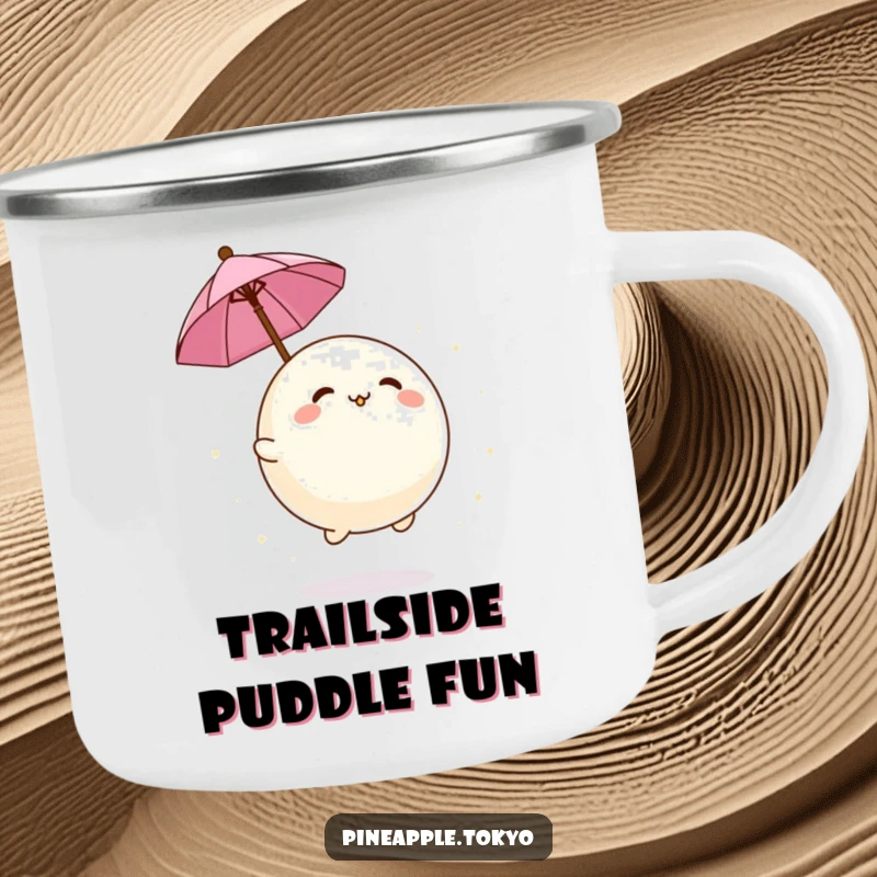 Funny adorable mochi ball bouncing with a tiny umbrella on a rugged camping mug. Humorous and portable.