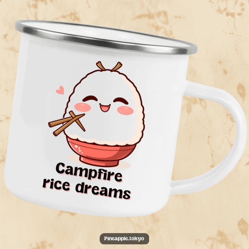 Funny blushing onigiri winking and holding chopsticks on a rugged camping mug. Humorous and portable.