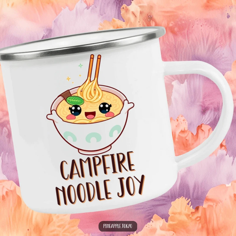 Funny happy-eyed ramen bowl gesturing enthusiastically on a rugged camping mug. Humorous and portable.