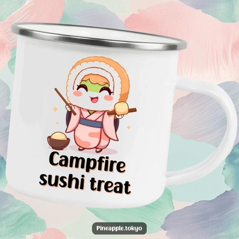 Funny enamel camping mug featuring a smiling sushi roll in a kimono gracefully serving dango, perfect for outdoor Japanese food lovers.