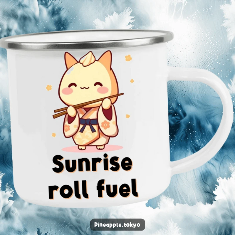 Funny Tamagoyaki Kimono Camping Mug: a cute Japanese rolled omelet character in a kimono playfully balancing chopsticks, ready for the outdoors.