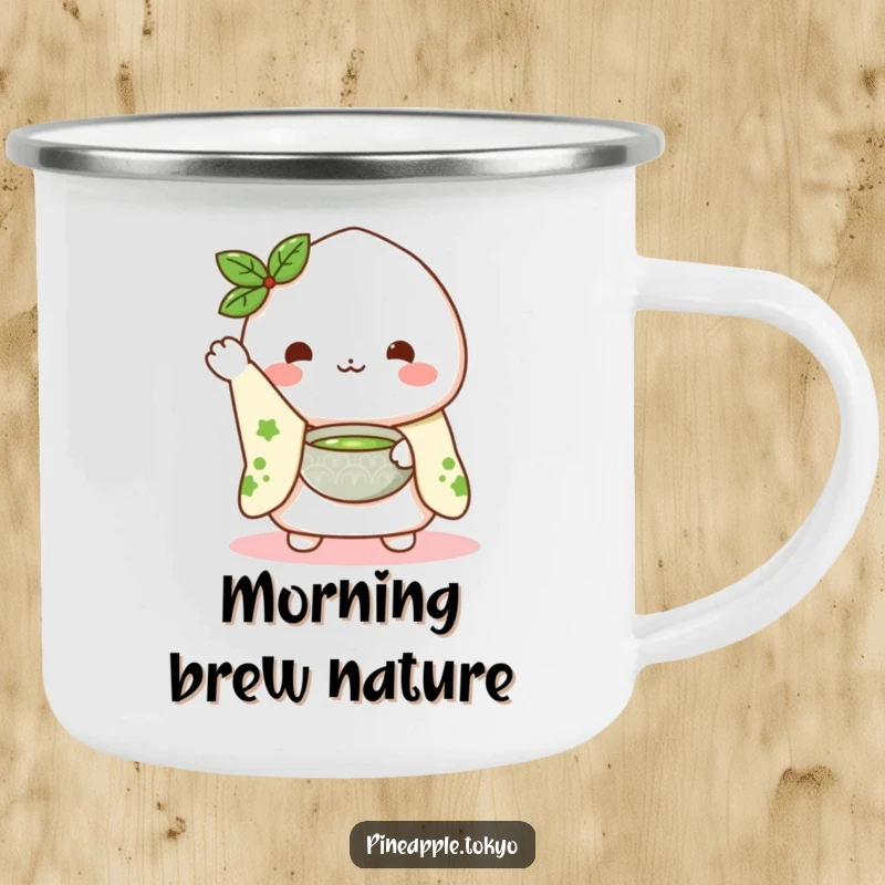 Funny Mochi Matcha Camping Mug: a cute mochi character in a kimono sleeve waving hello while presenting a matcha bowl, for outdoor use.