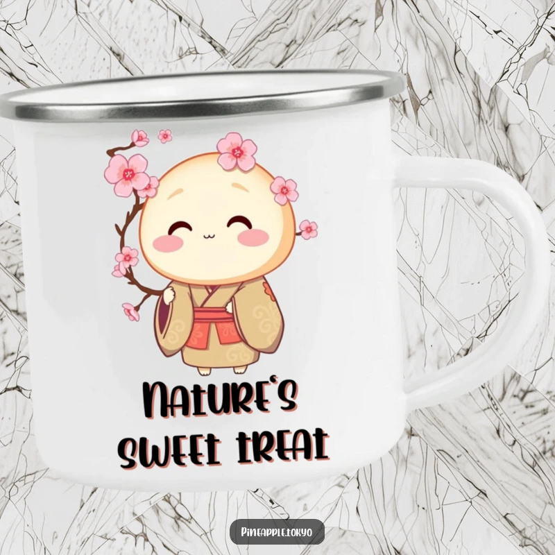 Funny round dorayaki wearing a ceremonial kimono, offering a cherry blossom, on a sturdy camping mug.