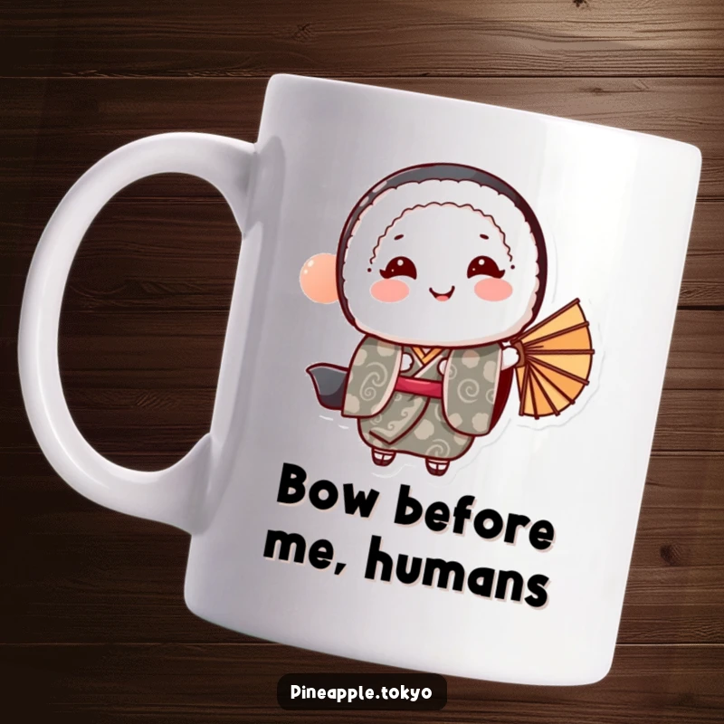 Funny sushi roll in a patterned kimono bowing gracefully with a fan, bringing elegant humor to your day.