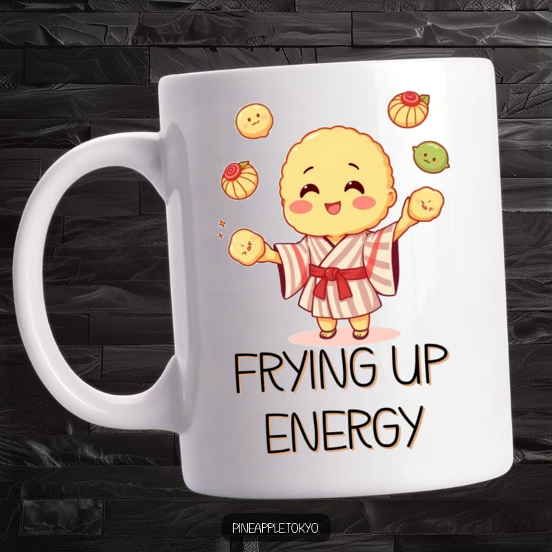 Funny cheerful tempura in a striped kimono juggling colorful dumplings, a fun mug.