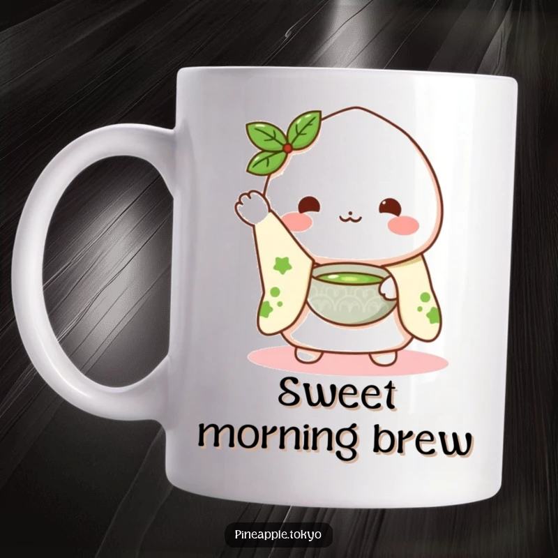 Funny Mochi Matcha Mug: a cute mochi character in a kimono sleeve waving hello while presenting a matcha bowl, charming and sweet.