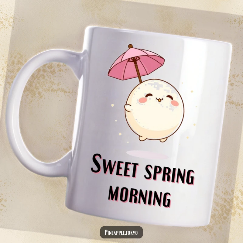 Funny adorable mochi ball bouncing playfully with a tiny umbrella, on a cheerful mug. Kawaii dessert humor.