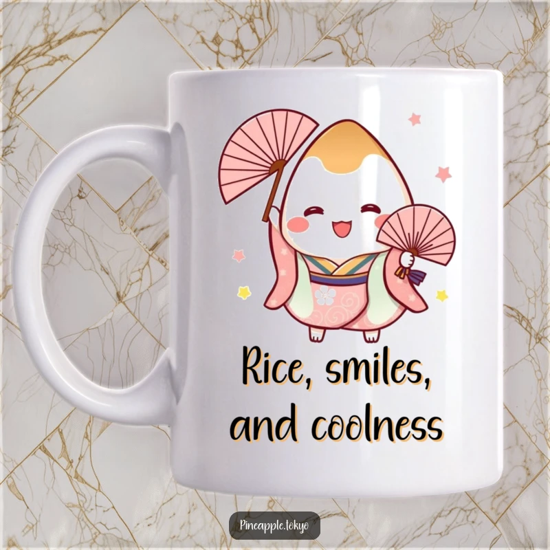Funny mug features a cheerful onigiri in a festive kimono, joyfully holding an ornate fan, celebrating Japanese culture and treats.