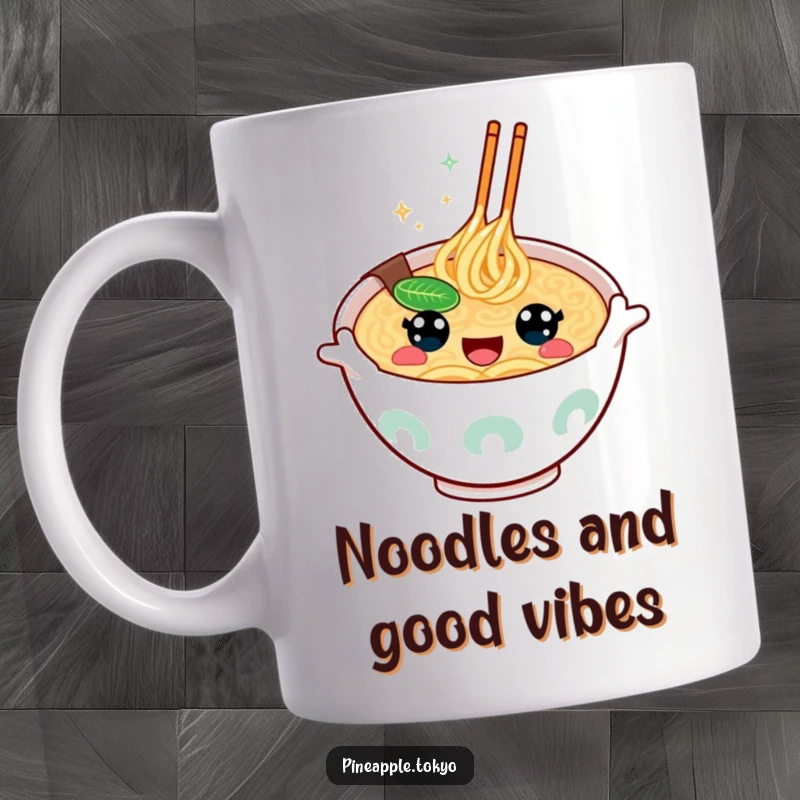 Funny kawaii ramen bowl with happy eyes, gesturing enthusiastically, on a cheerful mug. A delightful gift for ramen fans.