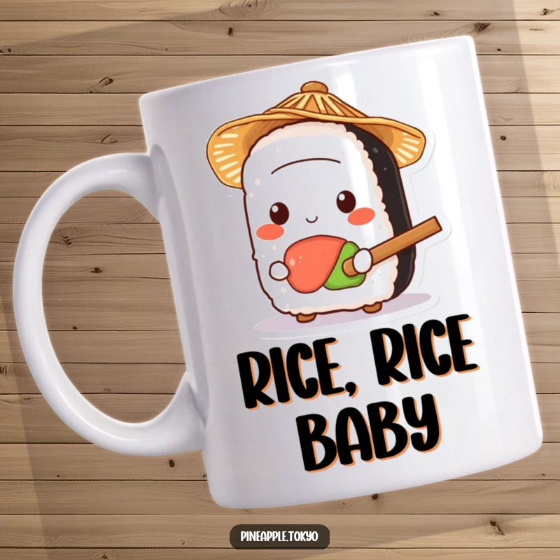 Funny cute sushi wearing a tiny straw hat, holding a small rice paddle, on a delightful mug. A kawaii food lover's dream.