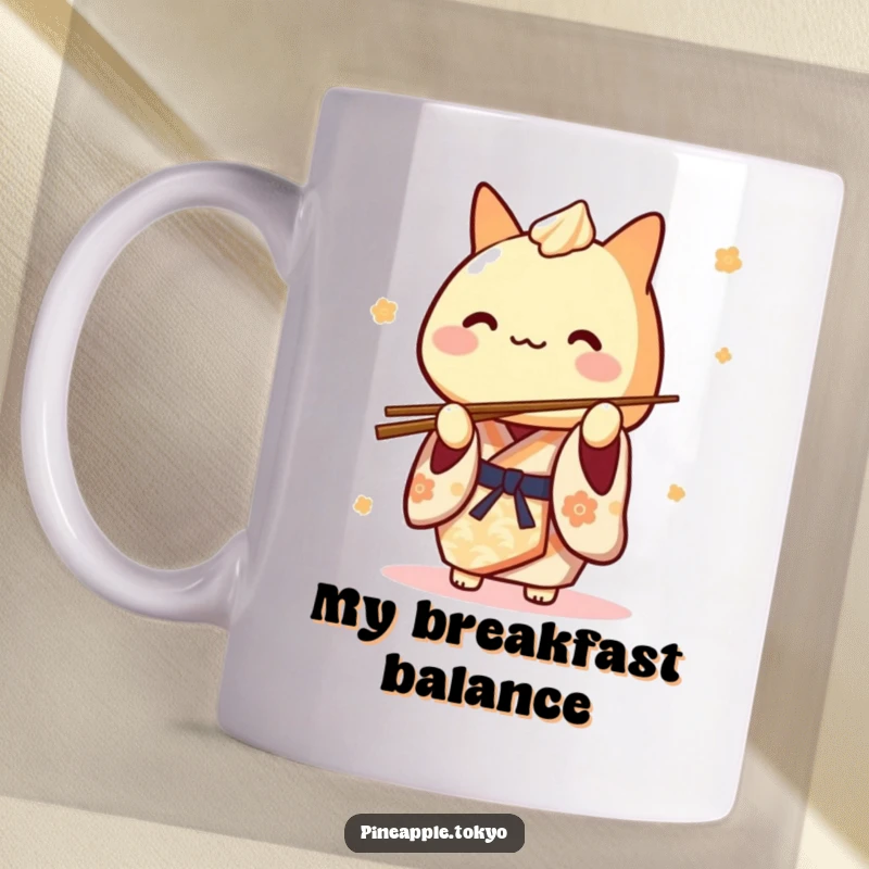 Funny Tamagoyaki Kimono Mug: a cute Japanese rolled omelet character in a kimono playfully balancing chopsticks, ready to cook.