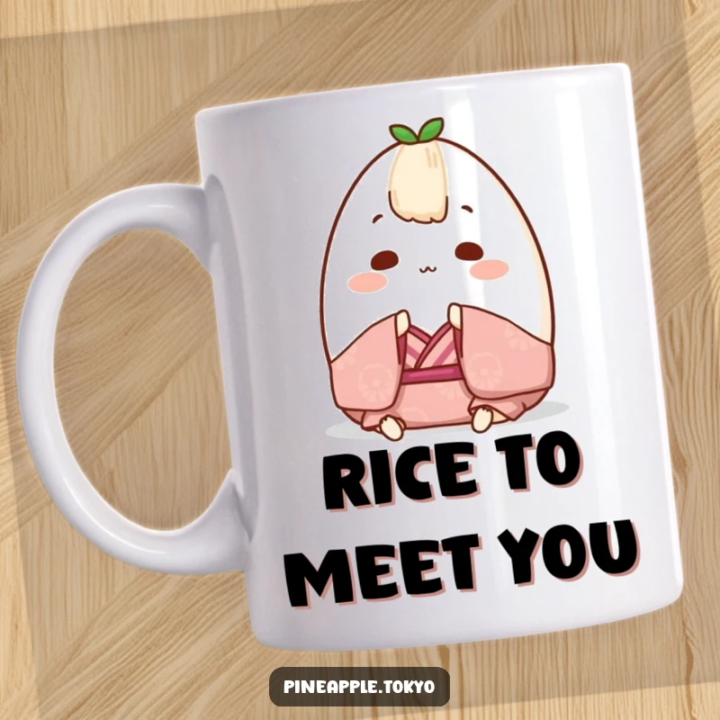 Funny Onigiri Kimono Mug: Chubby rice ball in traditional Japanese attire, bowing politely, perfect for a cute and funny gift.