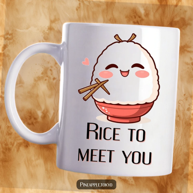 Funny smiling onigiri with blush, winking, and holding chopsticks on a delightful mug. Kawaii Japanese food humor.
