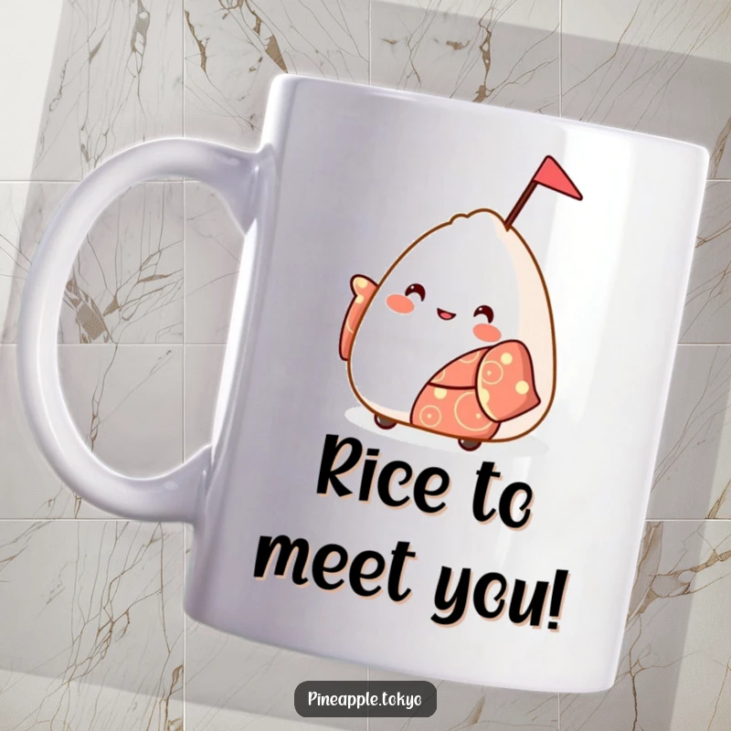 Funny bouncy onigiri in a festive kimono joyfully waving a small flag, a cheerful mug.