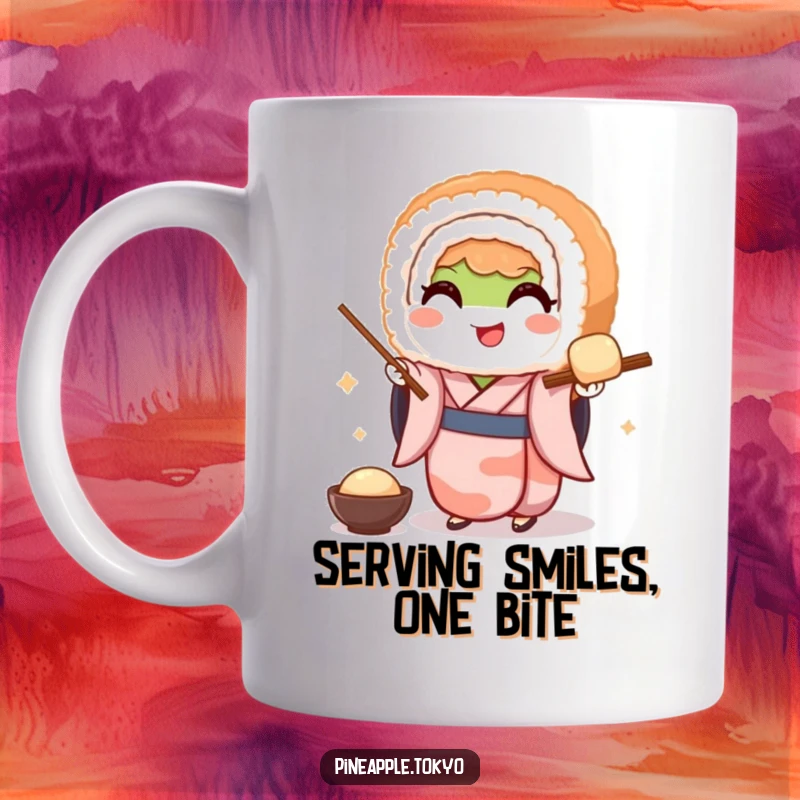 Funny mug features a smiling sushi roll in a tiny kimono gracefully presenting a plate of dango, celebrating Japanese treats.