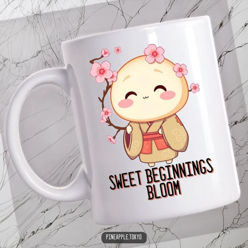 Funny round dorayaki in a ceremonial kimono offering a blooming cherry blossom, a sweet mug.