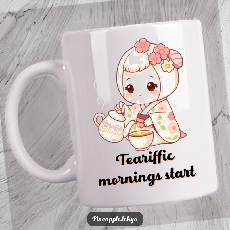 Funny sweet mochi in a floral kimono delicately pouring tea from a tiny pot, a charming mug.