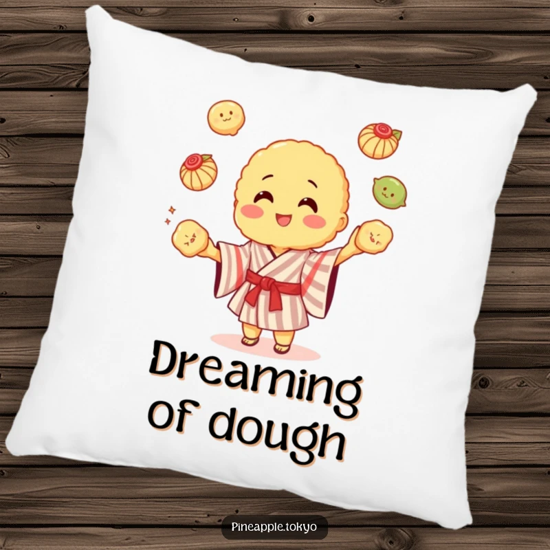 Funny cheerful tempura wearing a striped kimono, juggling dumplings, a soft funny pillow.