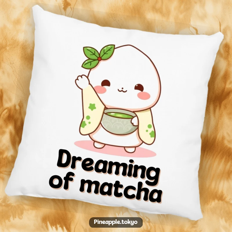 Funny Mochi Kimono Pillow: a cute mochi character in a kimono sleeve waving hello while presenting a matcha bowl, soft and plush.