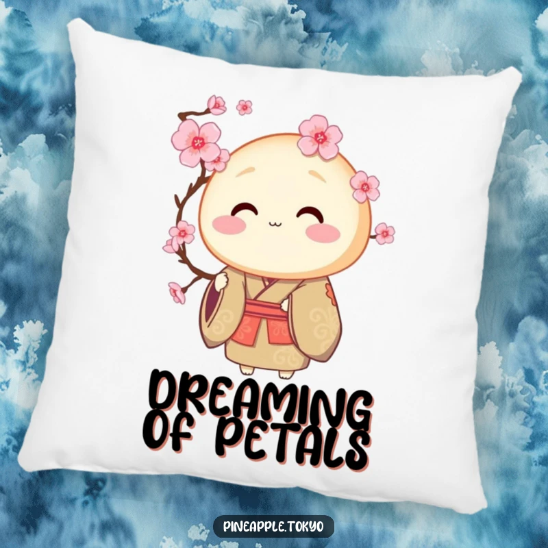 Funny round dorayaki wearing a ceremonial kimono, offering a cherry blossom, a soft funny pillow.