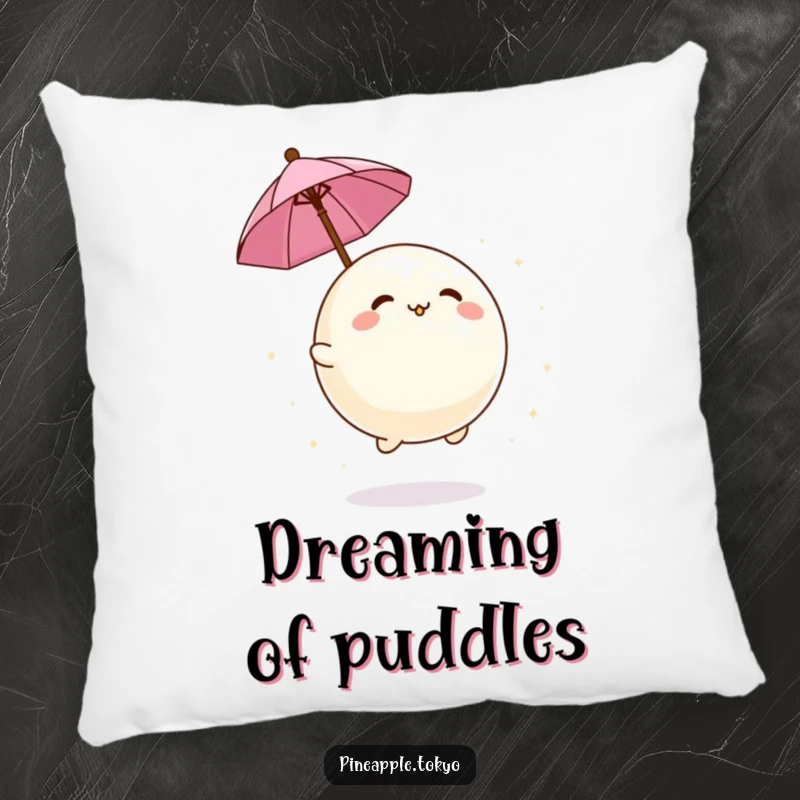 Funny adorable mochi ball bouncing playfully with a tiny umbrella on a soft decorative humor pillow.
