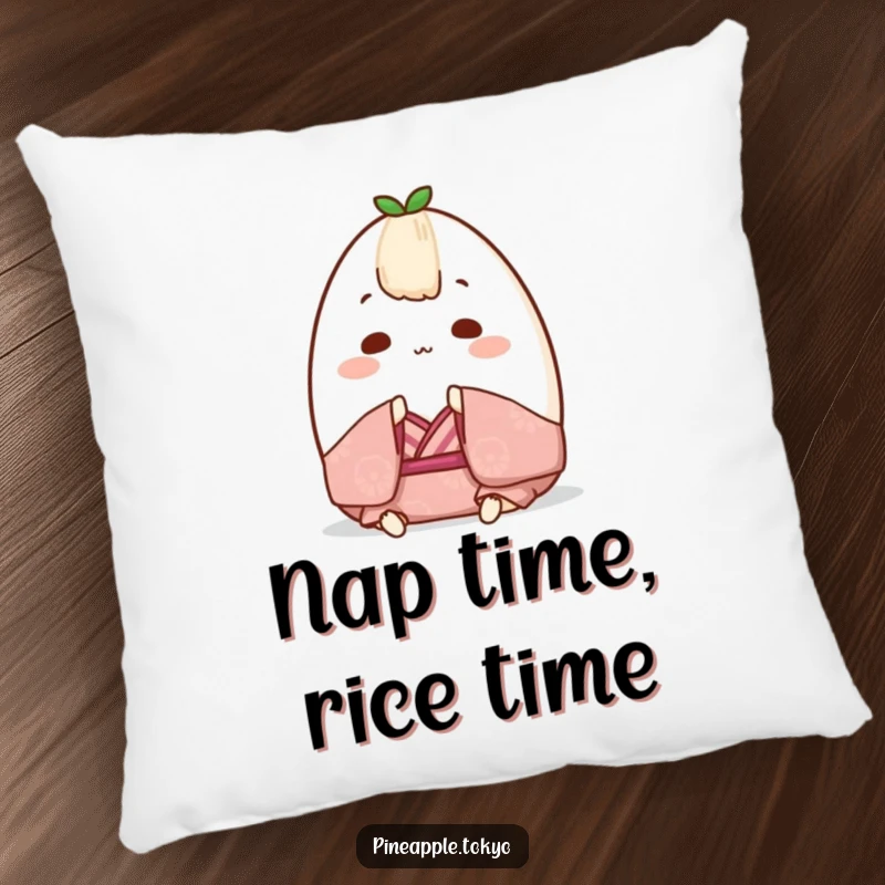 Funny Onigiri Kimono Pillow: A chubby rice ball character wearing a small kimono, bowing demurely, perfect funny gift.