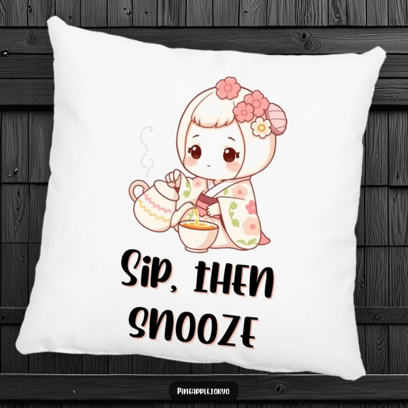 Funny sweet mochi wearing a floral kimono, pouring tea, a soft funny pillow.