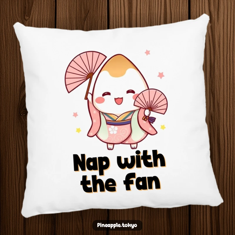 Funny decorative pillow featuring a cheerful onigiri in a festive kimono holding a fan, designed for comfort and Japanese festive aesthetic.