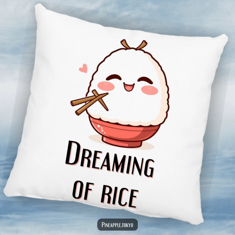 Funny blushing onigiri, winking and holding chopsticks, on a soft decorative humor pillow.