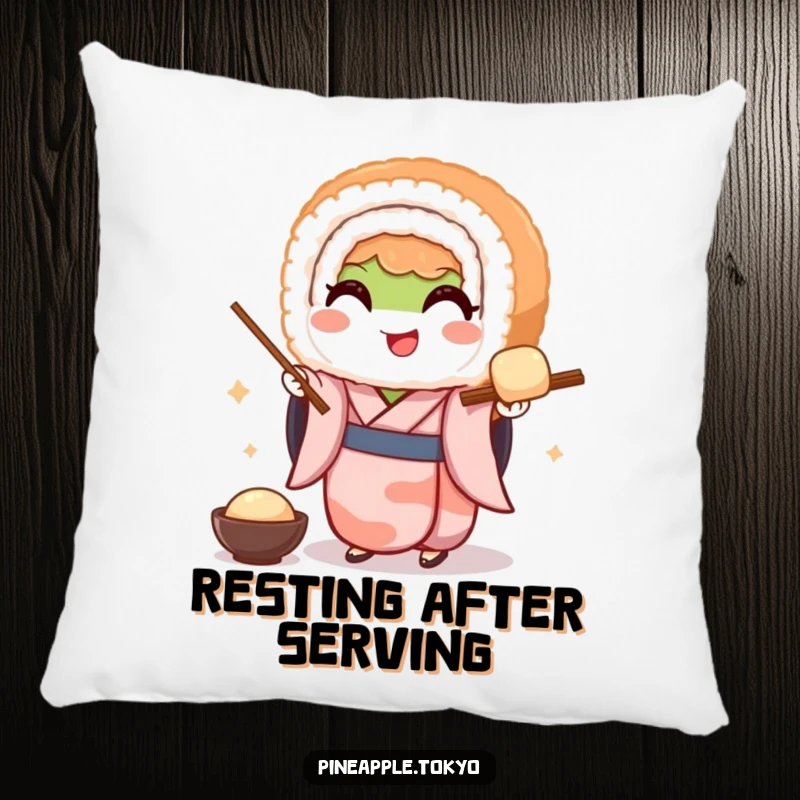 Funny decorative pillow featuring a smiling sushi roll in a kimono gracefully offering dango, designed for comfort and cute Japanese aesthetic.