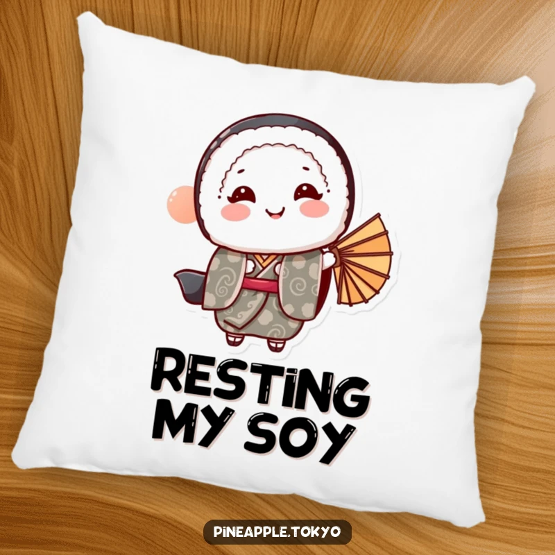 Funny sushi roll in a patterned kimono bowing gracefully with a fan, a soft and funny pillow.